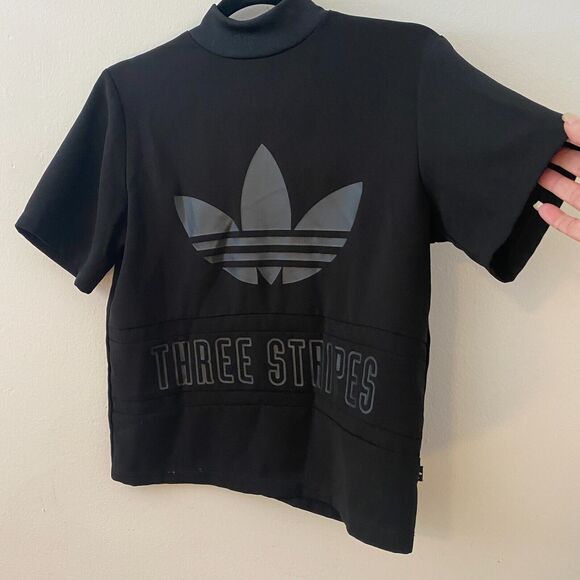 Adidas Black Trefoil Three Stripe Graphic Mock Neck Back Zip Short Sleeve Top S - Picture 3 of 12